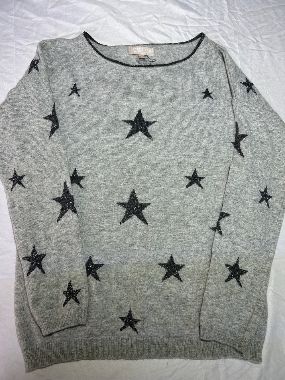 Benedetta B Star Print Heather Gray Crewneck Sweater Wool Cashmere Made Italy S